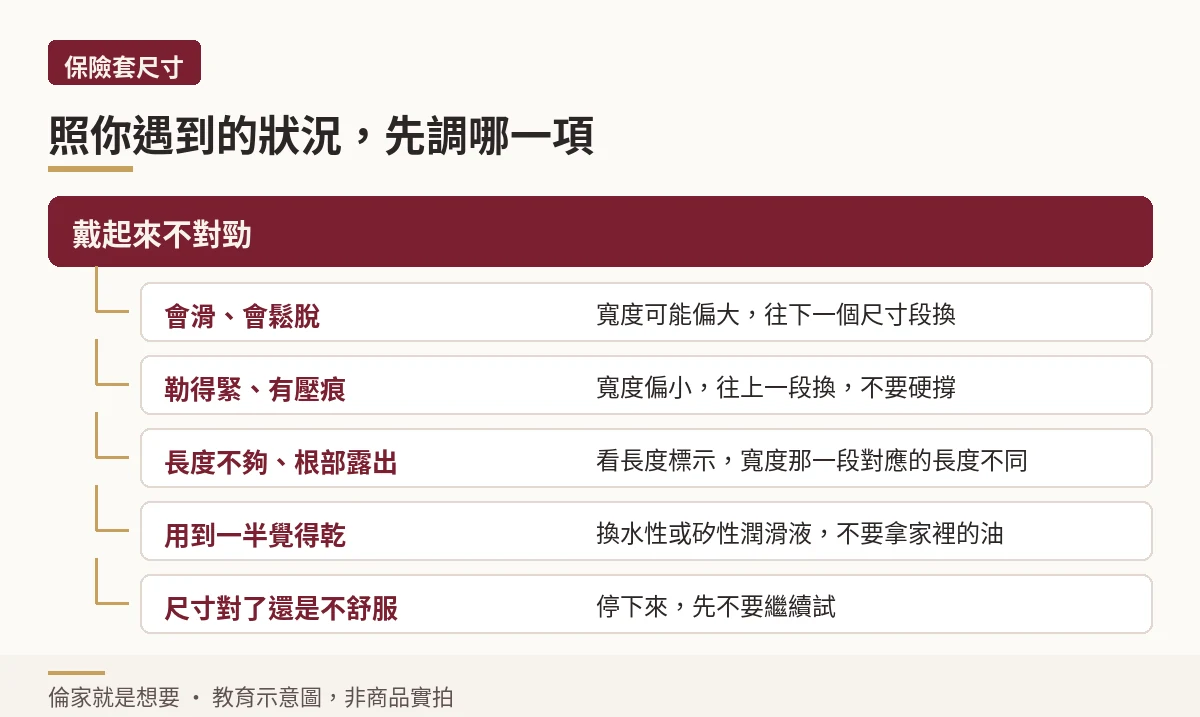依戴起來不對勁的症狀分流,決定先調整寬度、長度還是潤滑的決策圖