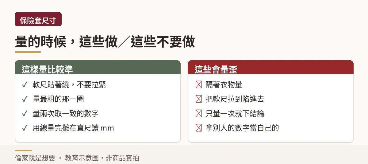 測量周長時該做與不該做的對照,左側為正確做法右側為常見錯誤