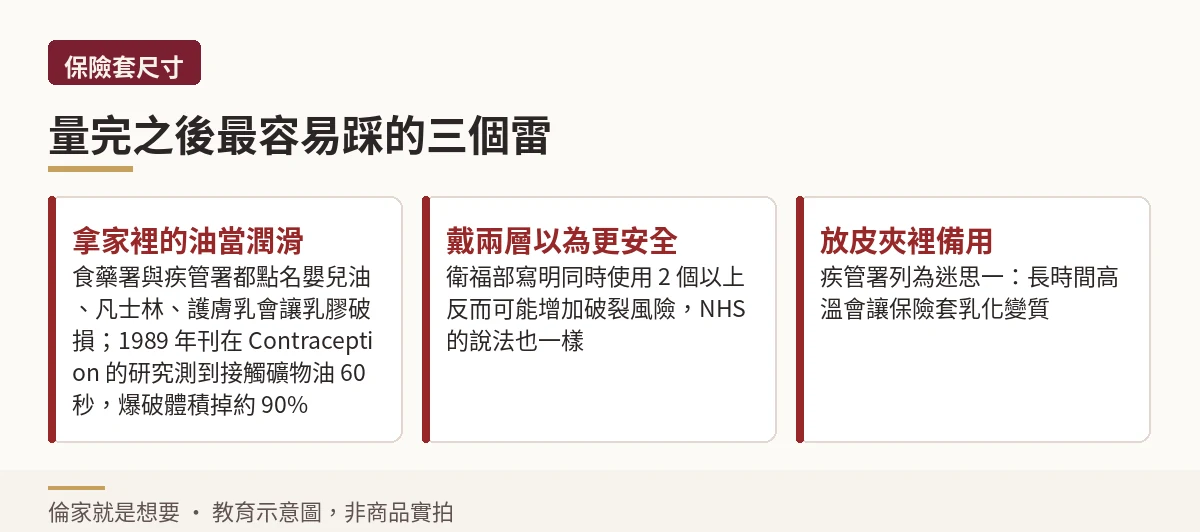用錯潤滑、戴兩層、放皮夾三個常見錯誤的說明卡片