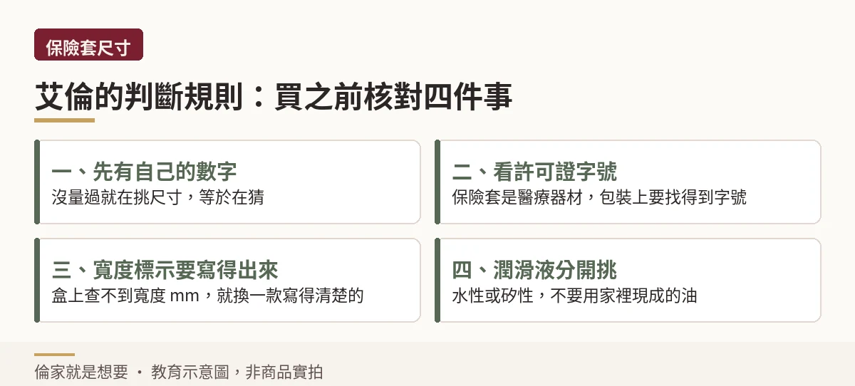 購買保險套前的四項核對:先有自己的數字、看許可證字號、確認寬度標示、潤滑液分開挑