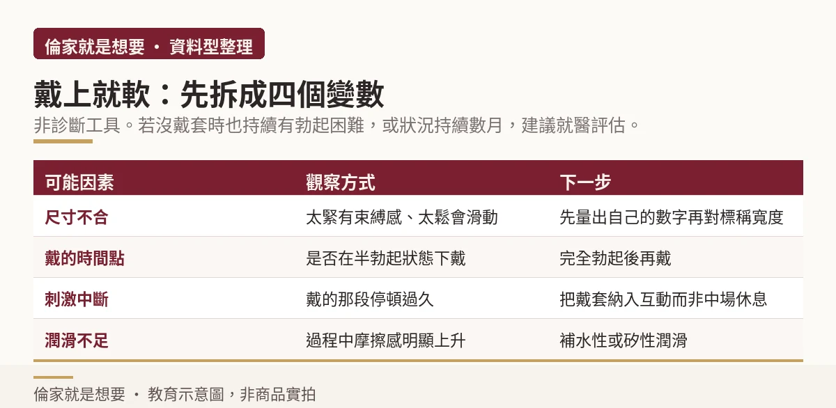 戴上就軟的四個變數排查表:尺寸、時機、刺激中斷、潤滑