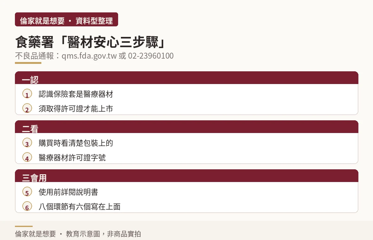 食藥署醫材安心三步驟流程圖:一認、二看、三會用