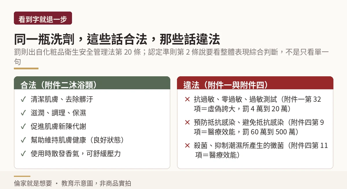 私密處清潔用品合法可講與違法宣稱詞句對照示意圖