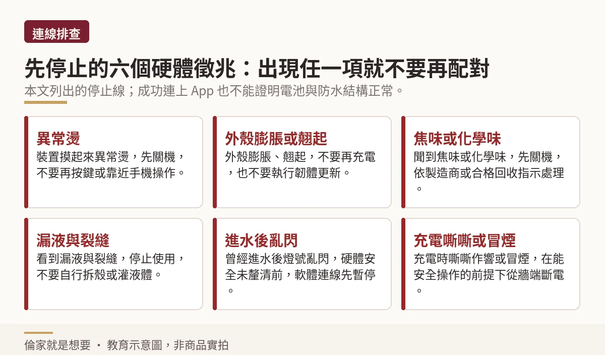 示意圖:六個應先停止配對的硬體徵兆,含異常發熱、外殼膨脹、焦味、漏液、進水與充電冒煙
