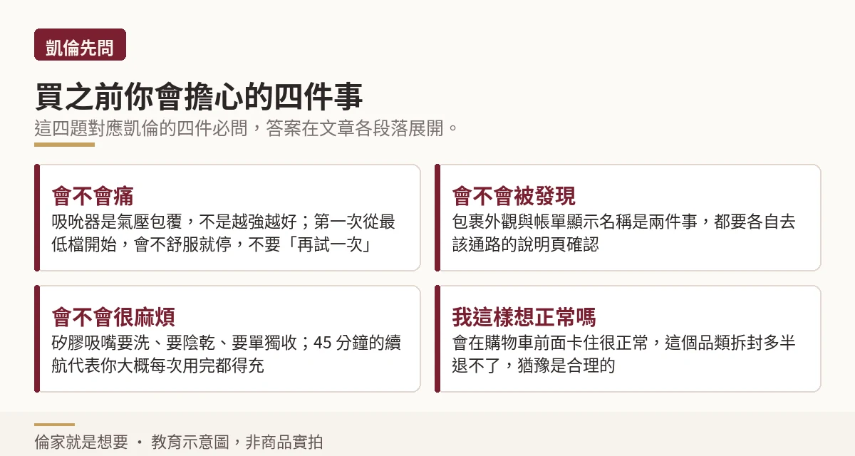 購買吸吮器前關於體感、隱私、維護與心理疑慮的四個常見問題示意圖