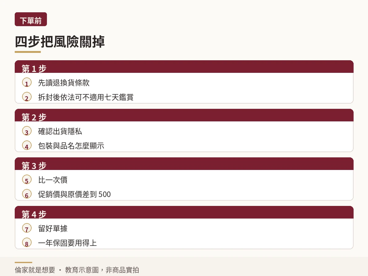 示意圖:下單前四步流程,先讀退換貨、確認出貨隱私、比價、留單據