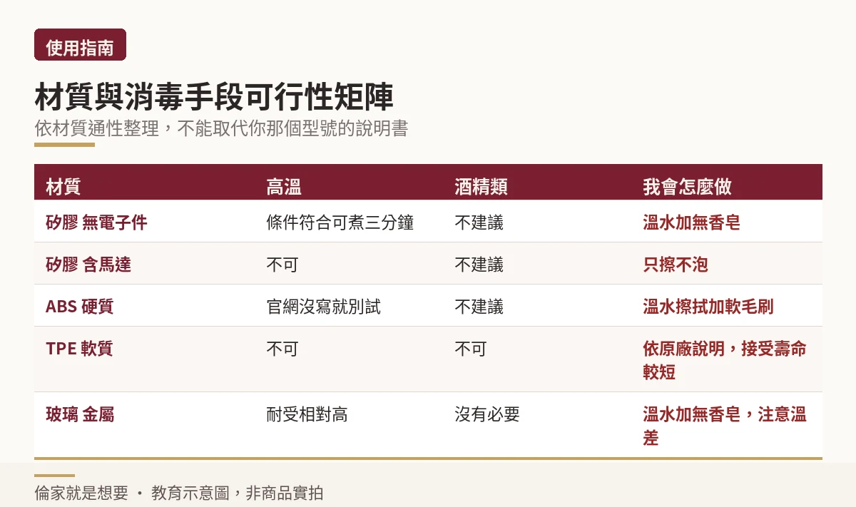 常見材質與消毒手段的可行性矩陣對照