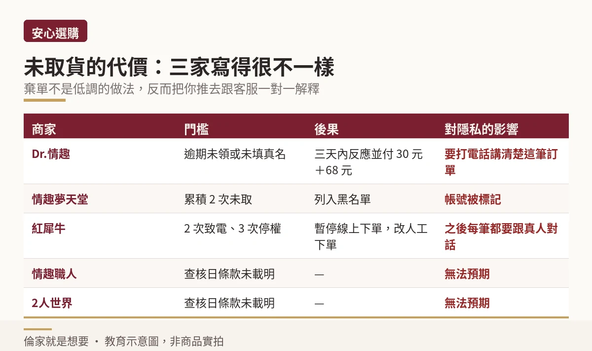 三家商家未取貨門檻與後果對照示意圖