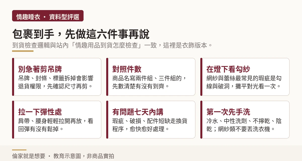 收到情趣睡衣後別剪吊牌、對照件數、檢查勾紗等六個驗收步驟示意圖