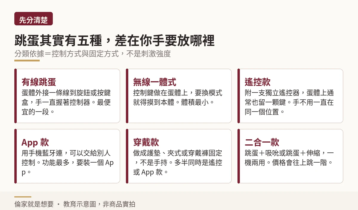 跳蛋依控制方式與固定方式分成六類的說明圖