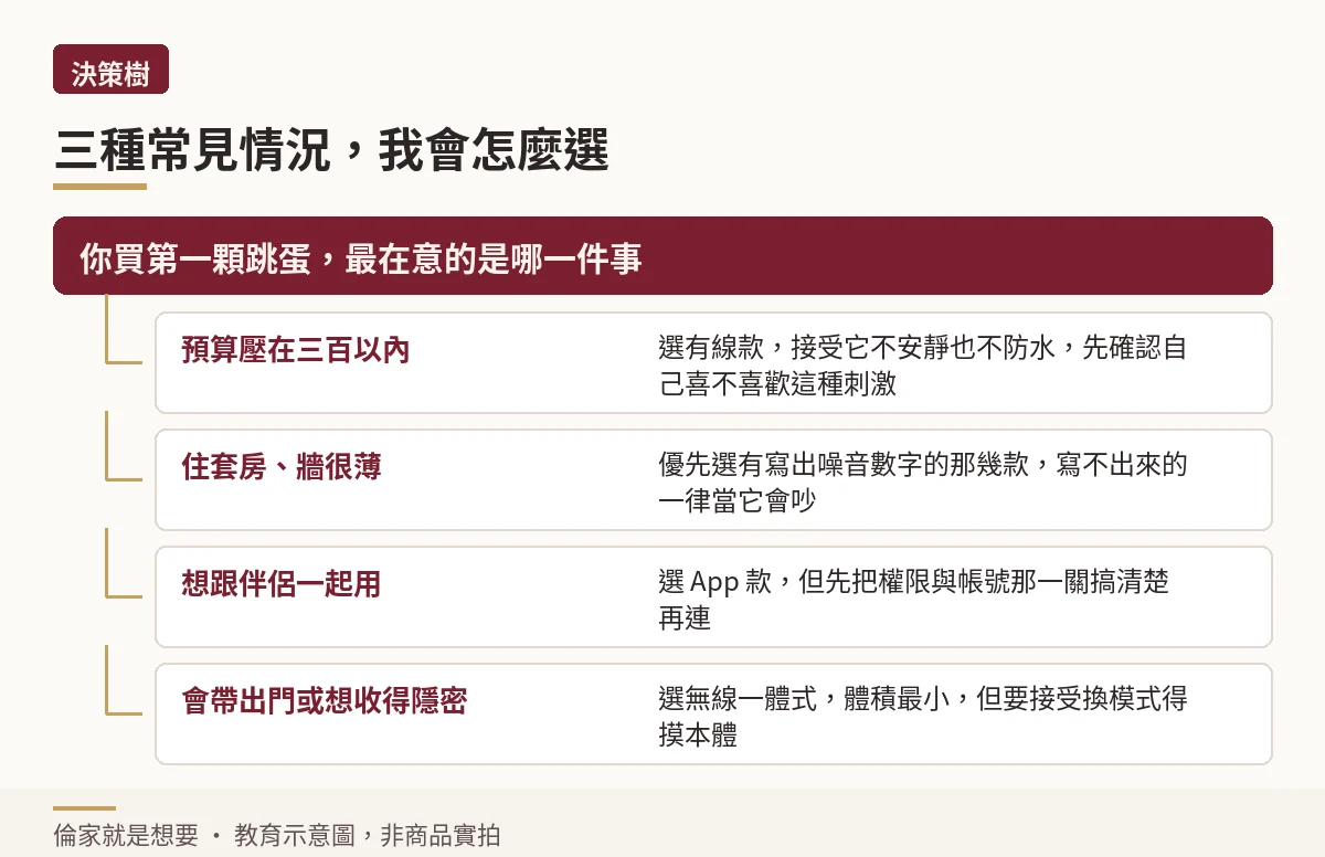 依預算、居住環境、使用對象三種情況的跳蛋選擇決策樹