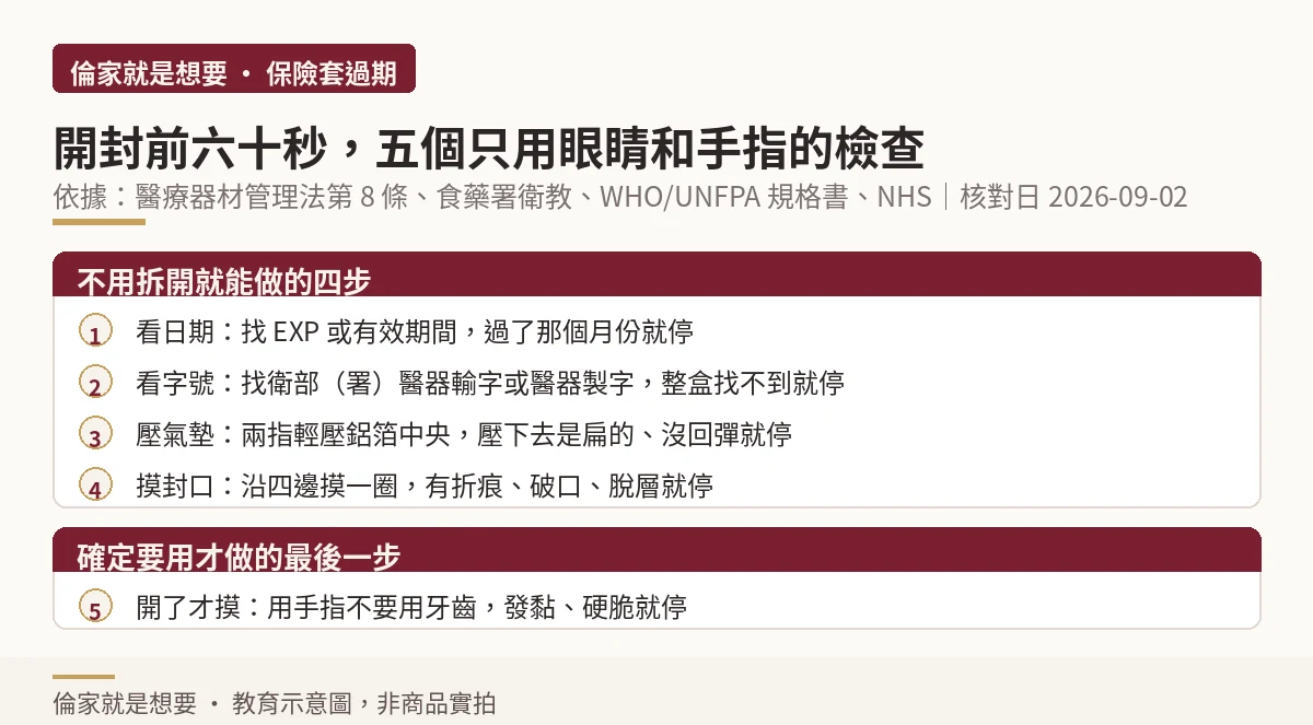 開封前五步目視與觸覺檢查流程示意圖