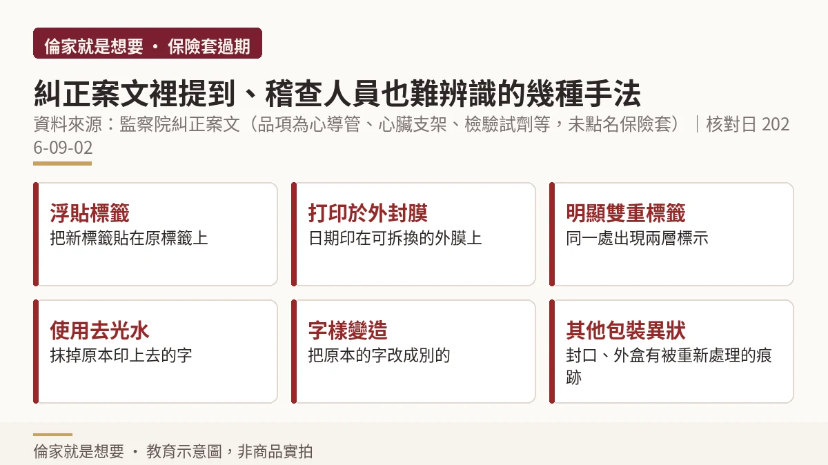 醫療器材保存期限標示可能遭變造的手法與自保順序示意圖