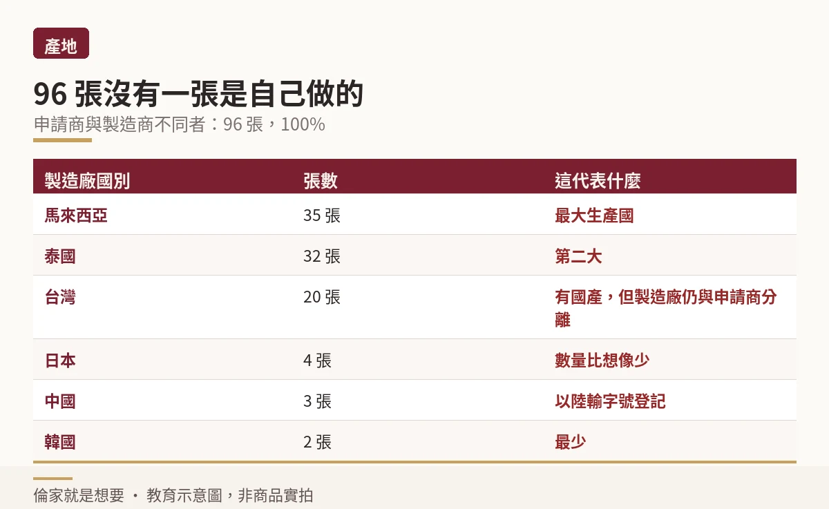 統計表:96 張有效保險套許可證的製造廠國別分布