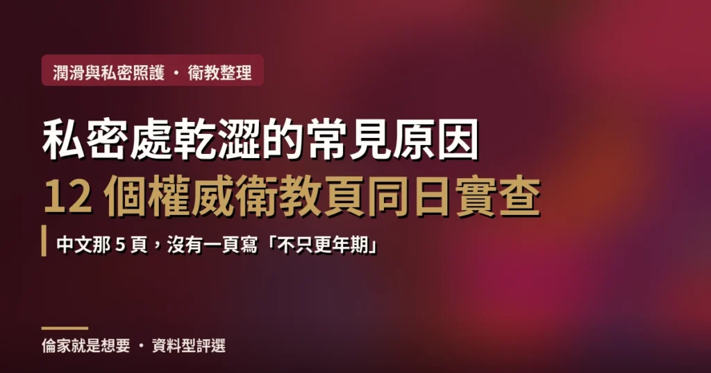 私密處乾澀是什麼原因？2026 十二個衛教頁實查，中文五頁沒一頁寫不只更年期