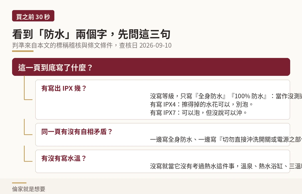 示意圖:看到防水標示時的三個判讀問題與對應動作