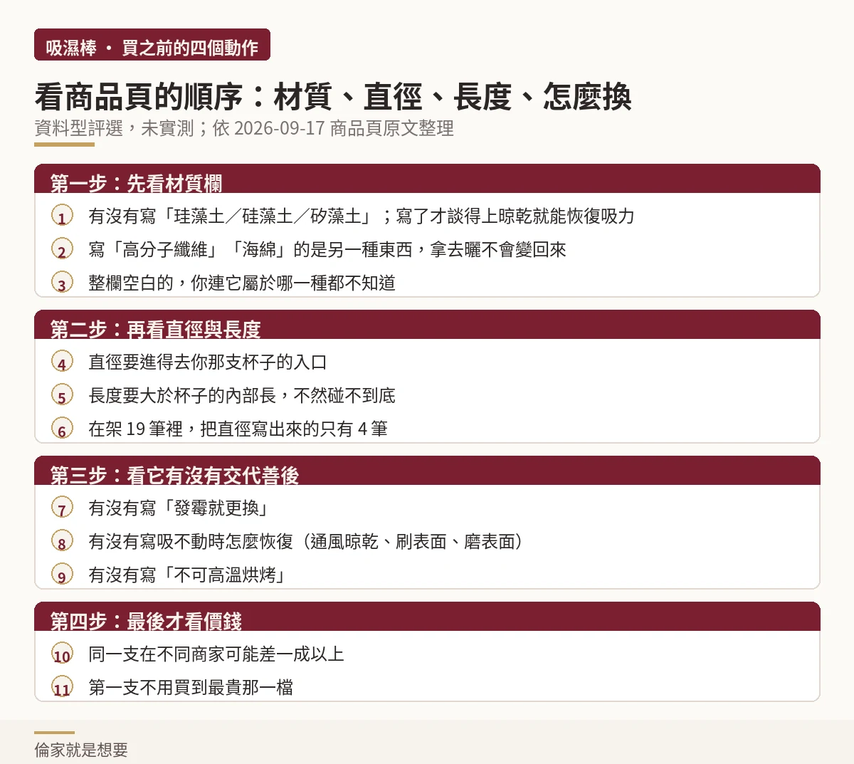 吸濕棒買之前看商品頁的四個步驟:材質、直徑、長度、怎麼換(示意圖)