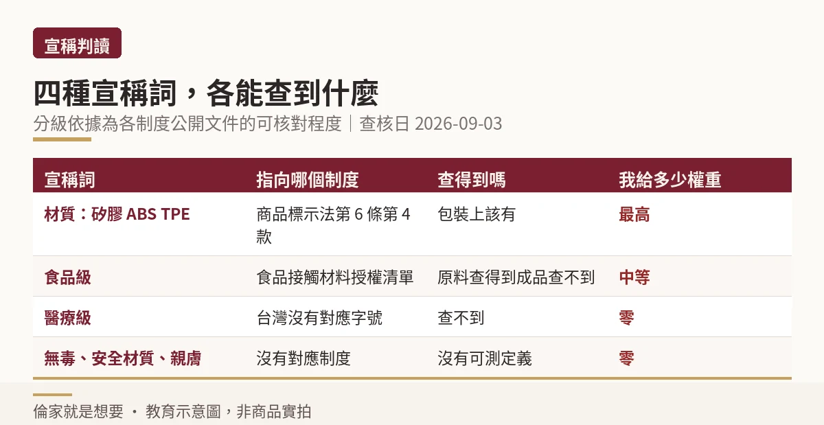四個常見材質宣稱詞的可查證程度分級:材質名可查、食品級部分可查、醫療級與FDA認證查不到對應文件