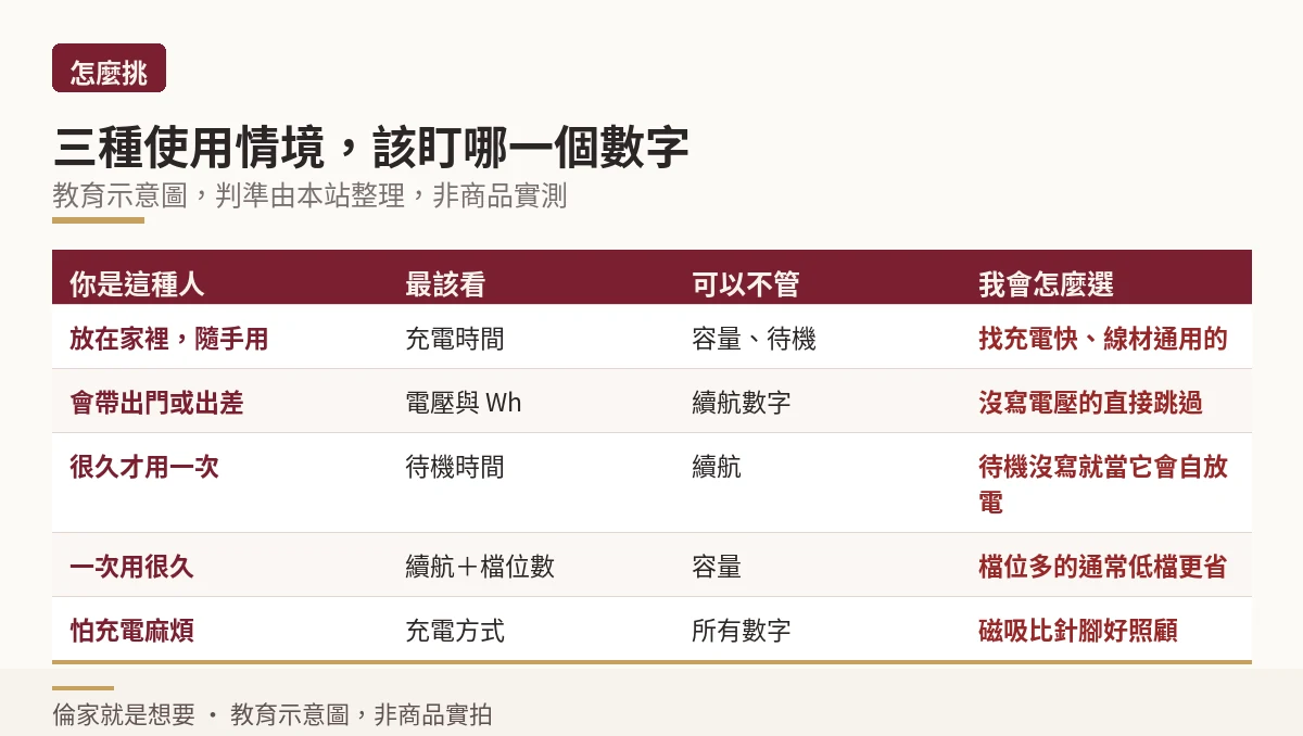 五種使用情境各自該優先看哪一個電池數字