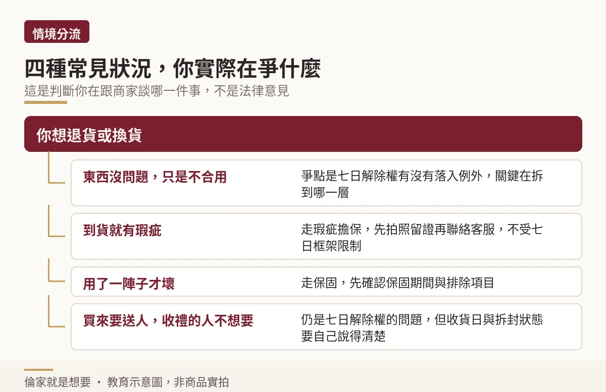 樹狀示意圖:四種退換貨情境分別在爭什麼